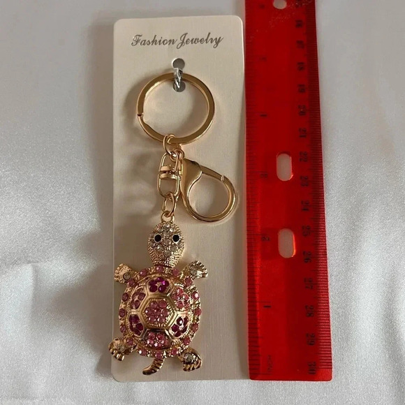 Turtle Bag And Key Chain Charm Pink Crystal Rhinestone Gold Tone Hardware - Picture 3 of 5
